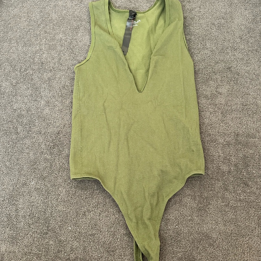 Urban Outfitters Deep VNeck Olive Green Ribbed Tank Top Bodysuit
